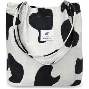 Cow Print Corduroy Tote Bag with Secure Buckles and Straps With Inner Pockets